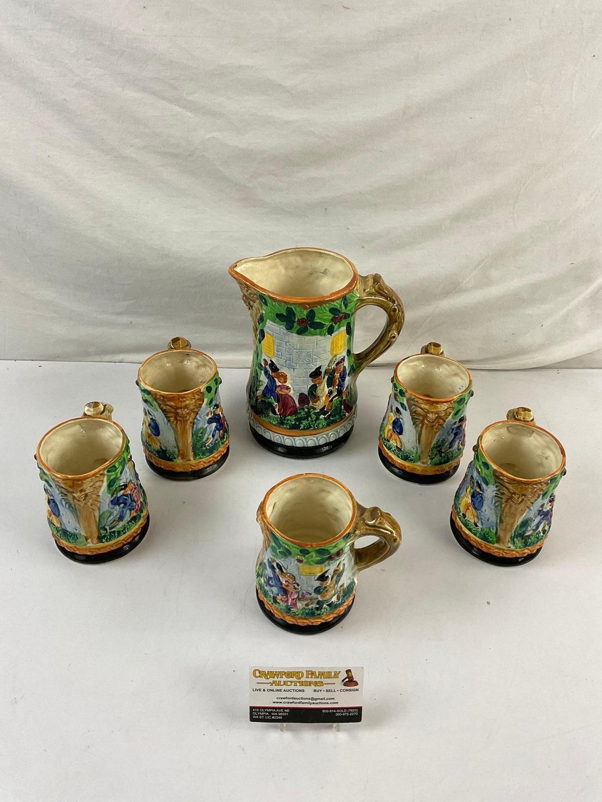 6 pcs Vintage Japanese Painted Ceramic Collectible Beer Steins w/ Dancing Scene. See pics.