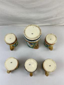 6 pcs Vintage Japanese Painted Ceramic Collectible Beer Steins w/ Dancing Scene. See pics.
