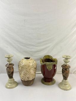 4 pcs Contemporary Beige & Brown Decoration Assortment. Urn, Planter, 2 Candlestick Holders. See