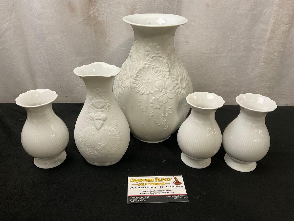 West German 2x White Bisque Vases & 3x Glazed Porcelain Vases by Kaiser