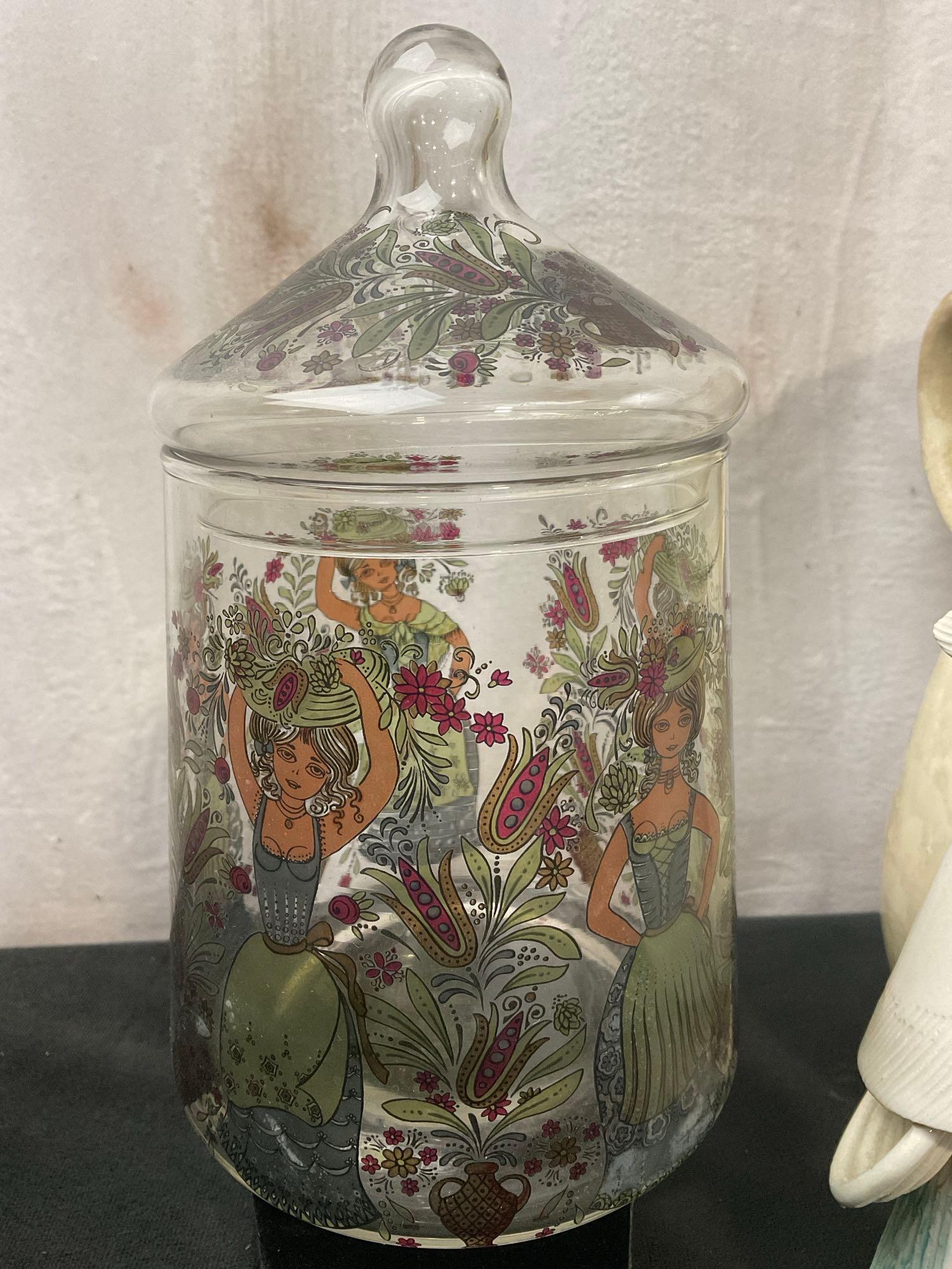 Handcrafted Nun Figure, Clear Candy Jar w/ handpainted designs, & Terracotta Pitcher w/ Rooster