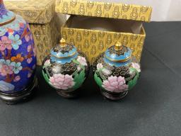 6x Cloisonne Vases, pair of White, Pair of Black, and Pair of taller Blue w/ Brass Accents