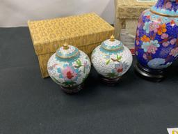 6x Cloisonne Vases, pair of White, Pair of Black, and Pair of taller Blue w/ Brass Accents