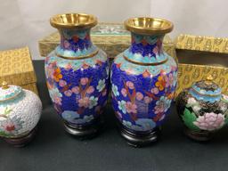 6x Cloisonne Vases, pair of White, Pair of Black, and Pair of taller Blue w/ Brass Accents