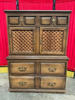 Vintage Wheeled Wooden Cabinet w/ Lattice Front Cupboard, 5 Drawers & Brass Pulls. See pics.