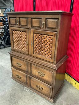 Vintage Wheeled Wooden Cabinet w/ Lattice Front Cupboard, 5 Drawers & Brass Pulls. See pics.