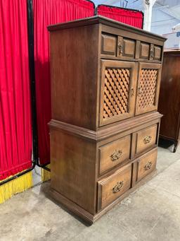 Vintage Wheeled Wooden Cabinet w/ Lattice Front Cupboard, 5 Drawers & Brass Pulls. See pics.