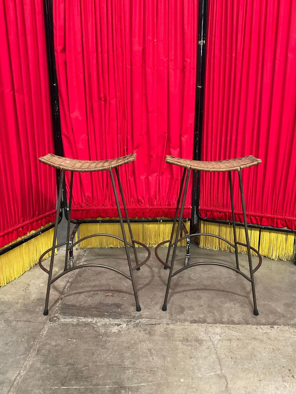 Pair of Vintage Metal Barstools w/ Brown Wicker Seats. Measures 19" x 25". See pics.