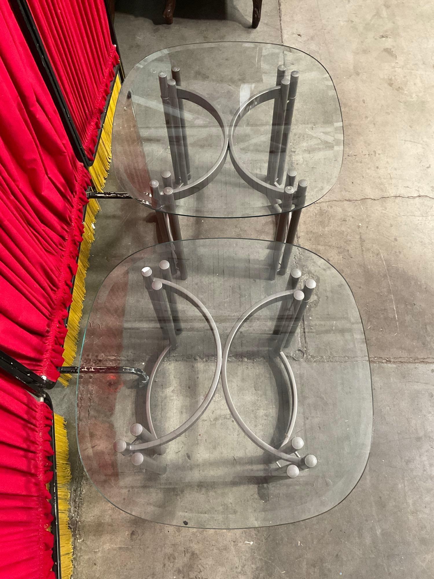 Pair of Modern Glass Topped Metal End Tables. Measures 26" x 21" See pics.