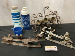 Pair of Thermos Parts, Hand Crank Wrought Iron Bells, Two Pairs of Ice Skates