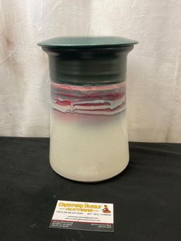 Studio Art Pottery Cookie Jar w/ Lid, Teal, Salmon & Cream in color