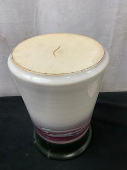 Studio Art Pottery Cookie Jar w/ Lid, Teal, Salmon & Cream in color