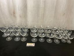 31 pieces Vintage Fostoria Contour Clear Glassware, unique S stem goblets, coupe & Cordial glasses