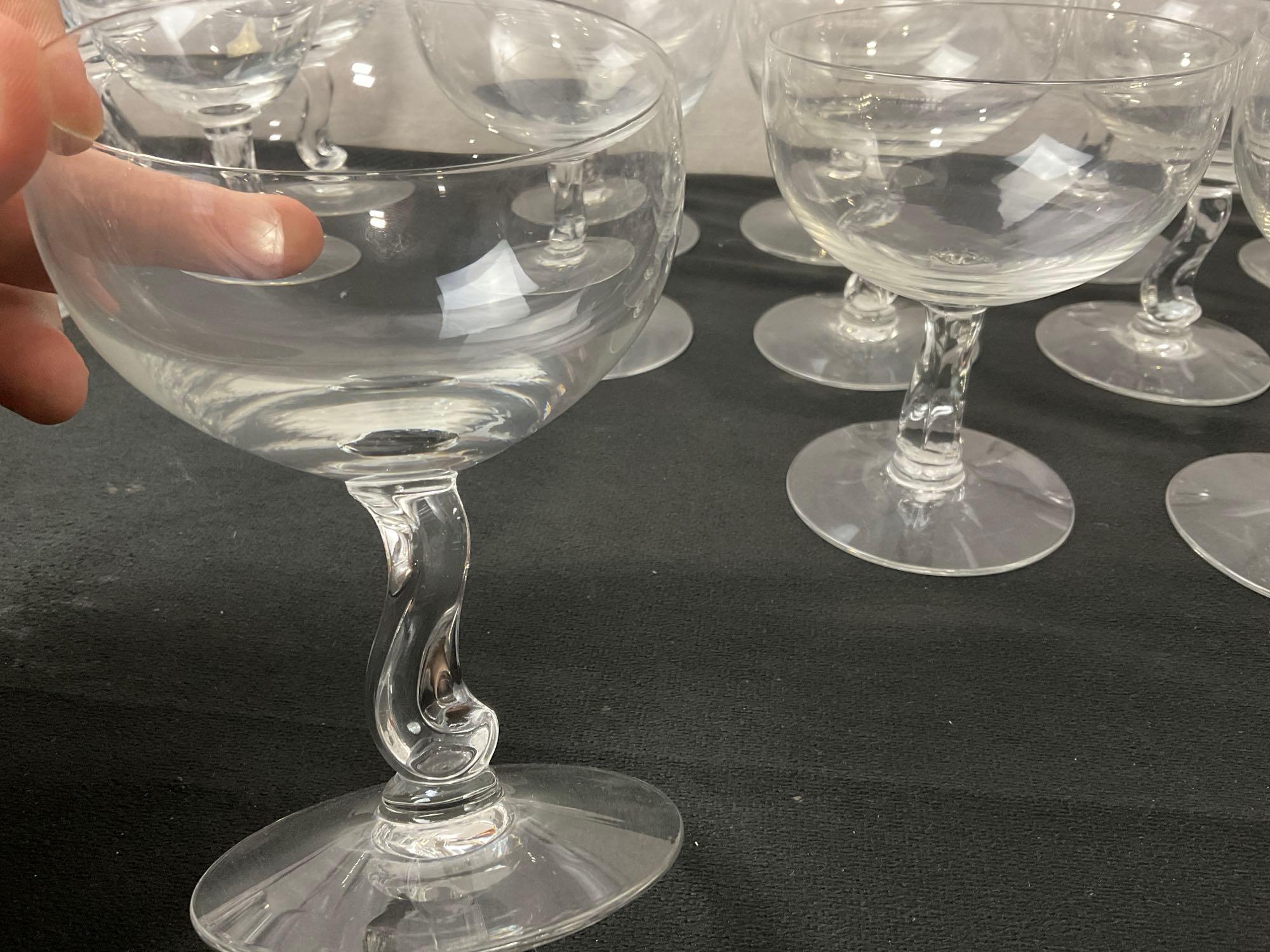 31 pieces Vintage Fostoria Contour Clear Glassware, unique S stem goblets, coupe & Cordial glasses