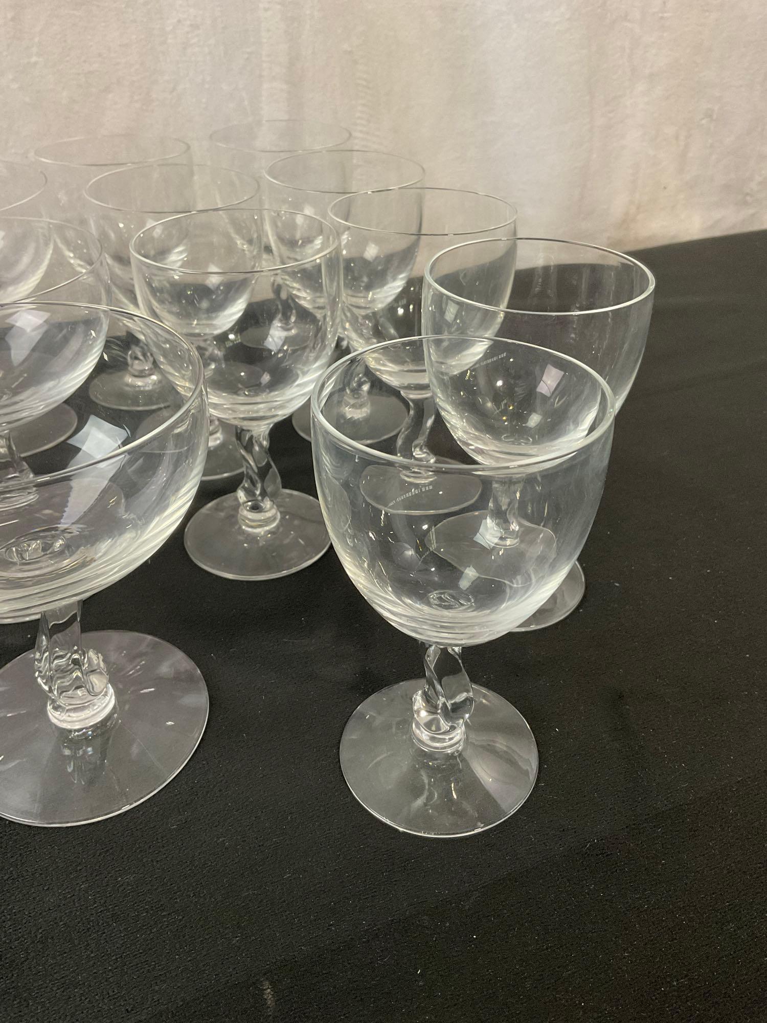 31 pieces Vintage Fostoria Contour Clear Glassware, unique S stem goblets, coupe & Cordial glasses