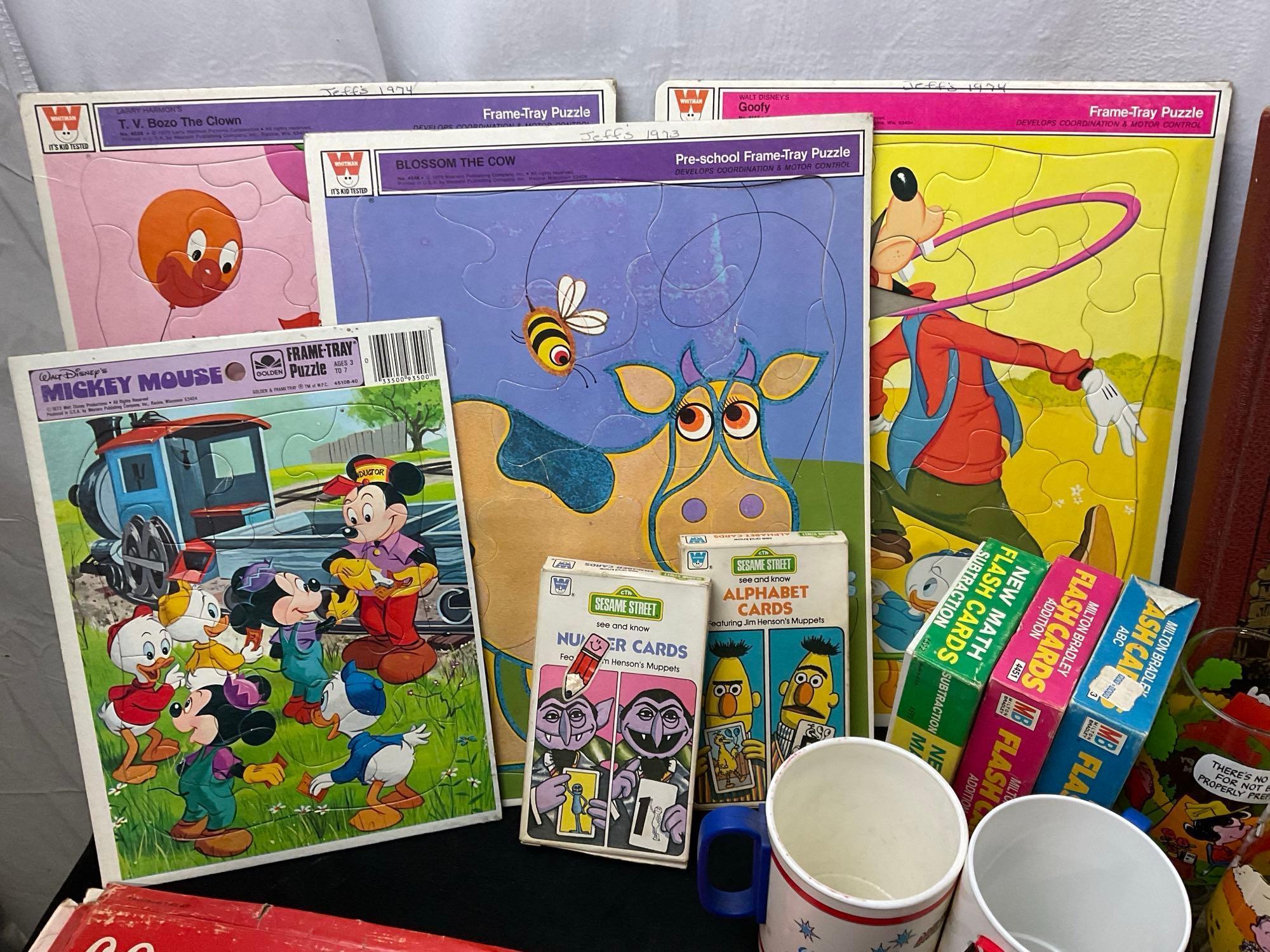 Collection of Kids Puzzles, Flash Cards & Glasses, Sesame Street, Disney Animation Cel, Care Bears