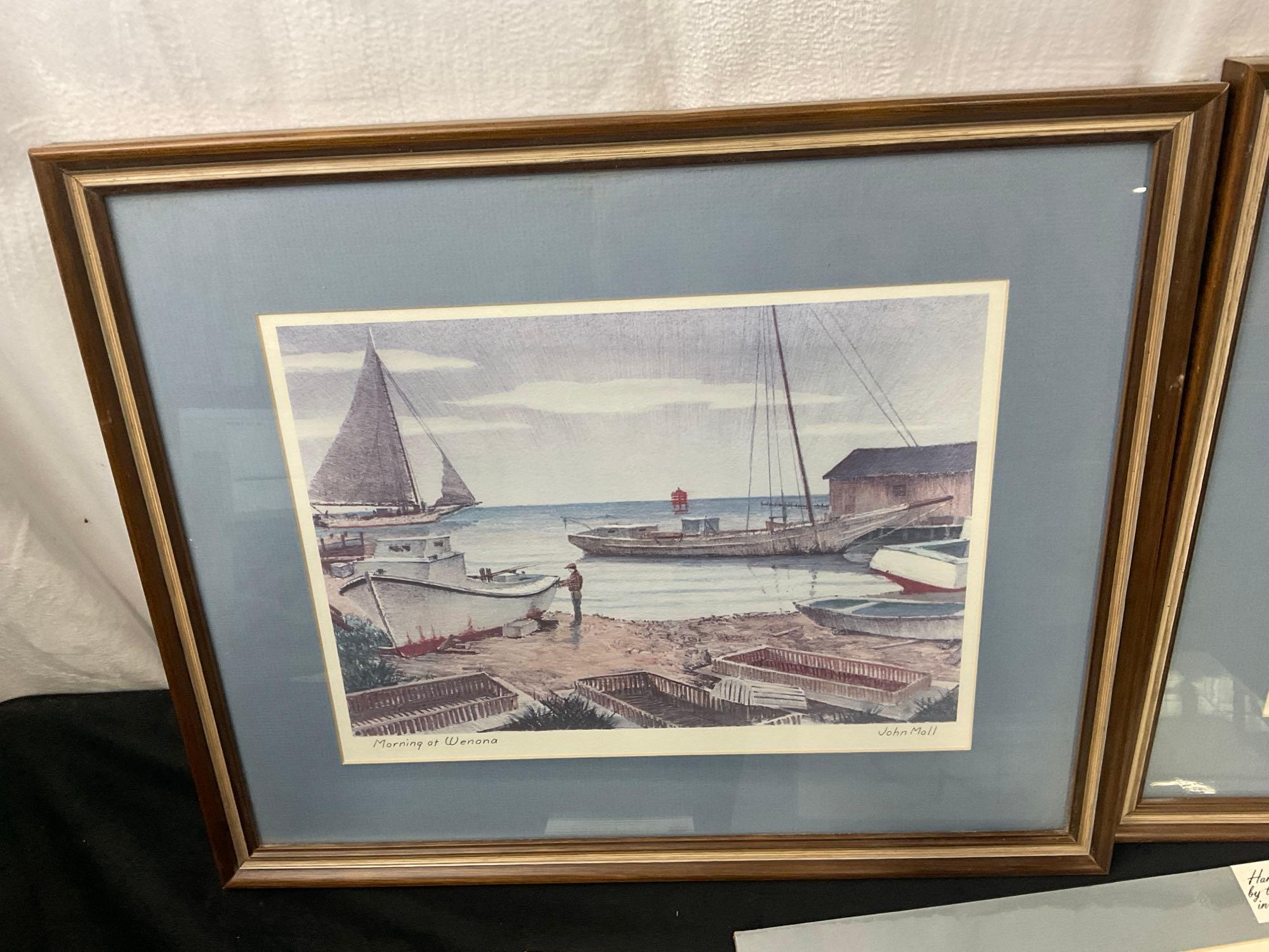 Trio of prints with Ships, 2x framed John Moll pieces, and one John Whealton