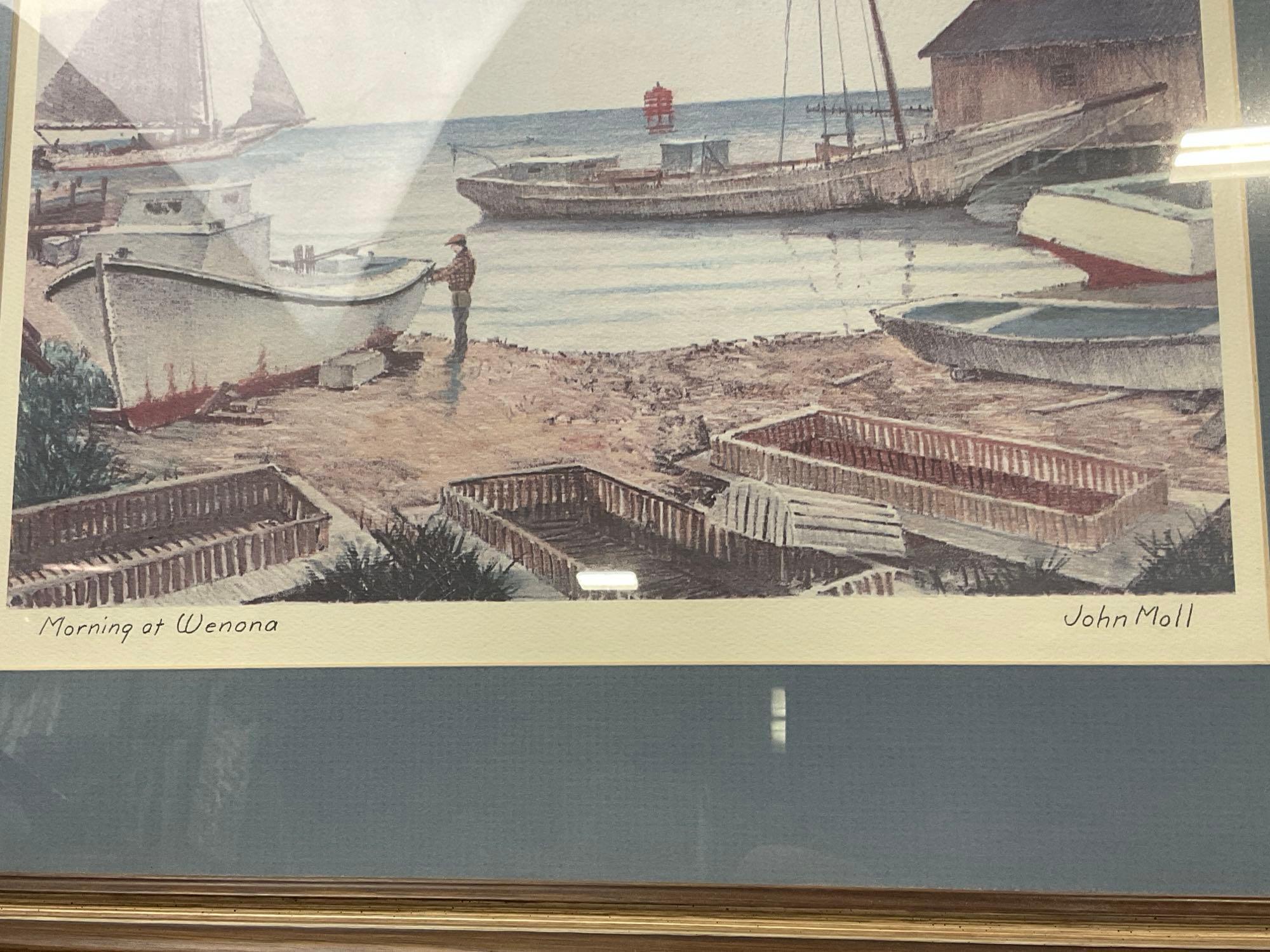 Trio of prints with Ships, 2x framed John Moll pieces, and one John Whealton