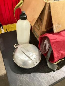 Assortment of Vintage Camping Gear Incl. Tent, Canteen, Collapsible Cookware, Fire starter, Text