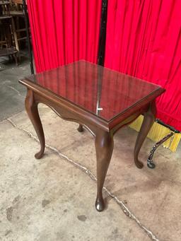 Vintage Glass Topped Wooden Side Table w/ 2 Slide Out Wings & Cabriolet Legs. See pics.