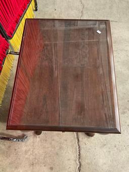 Vintage Glass Topped Wooden Side Table w/ 2 Slide Out Wings & Cabriolet Legs. See pics.