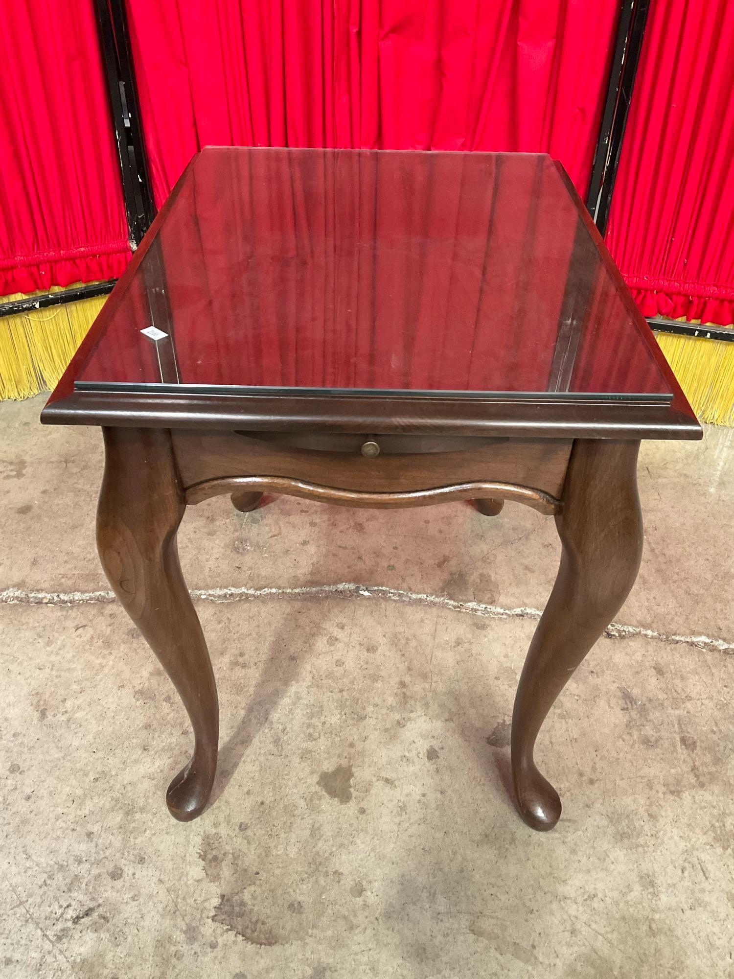 Vintage Glass Topped Wooden Side Table w/ 2 Slide Out Wings & Cabriolet Legs. See pics.