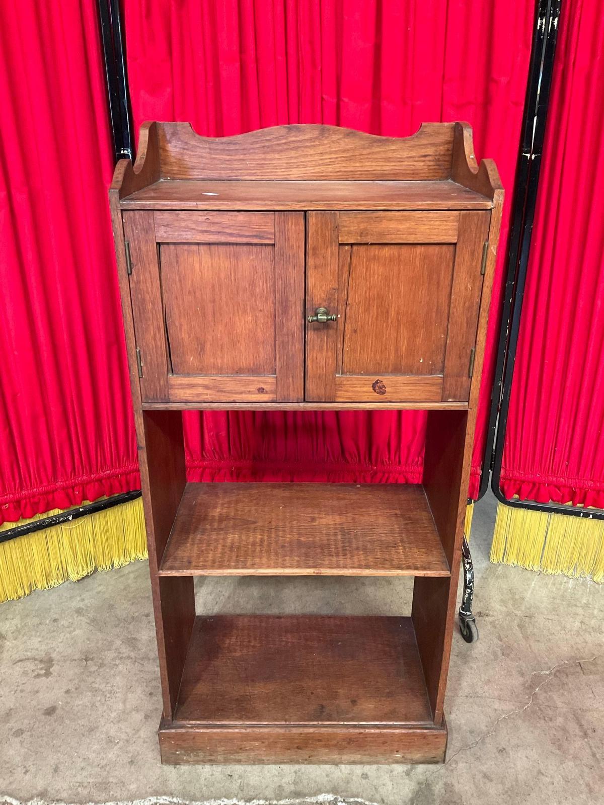 Vintage Wooden Bathroom Side Shelf w/ 1 Cupboard & 3 Shelves. Measures 18.5" x 41" See pics.