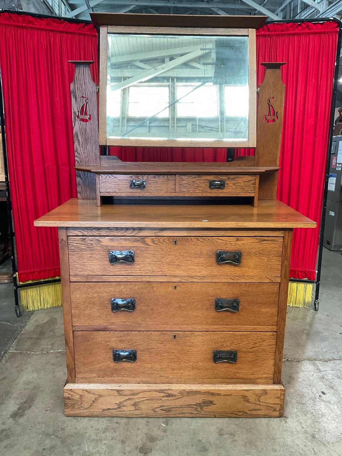 Antique Wooden Vanity w/ Revolving Mirror, 5 Drawers & Unique Sailing Ship Cut Outs. See pics.
