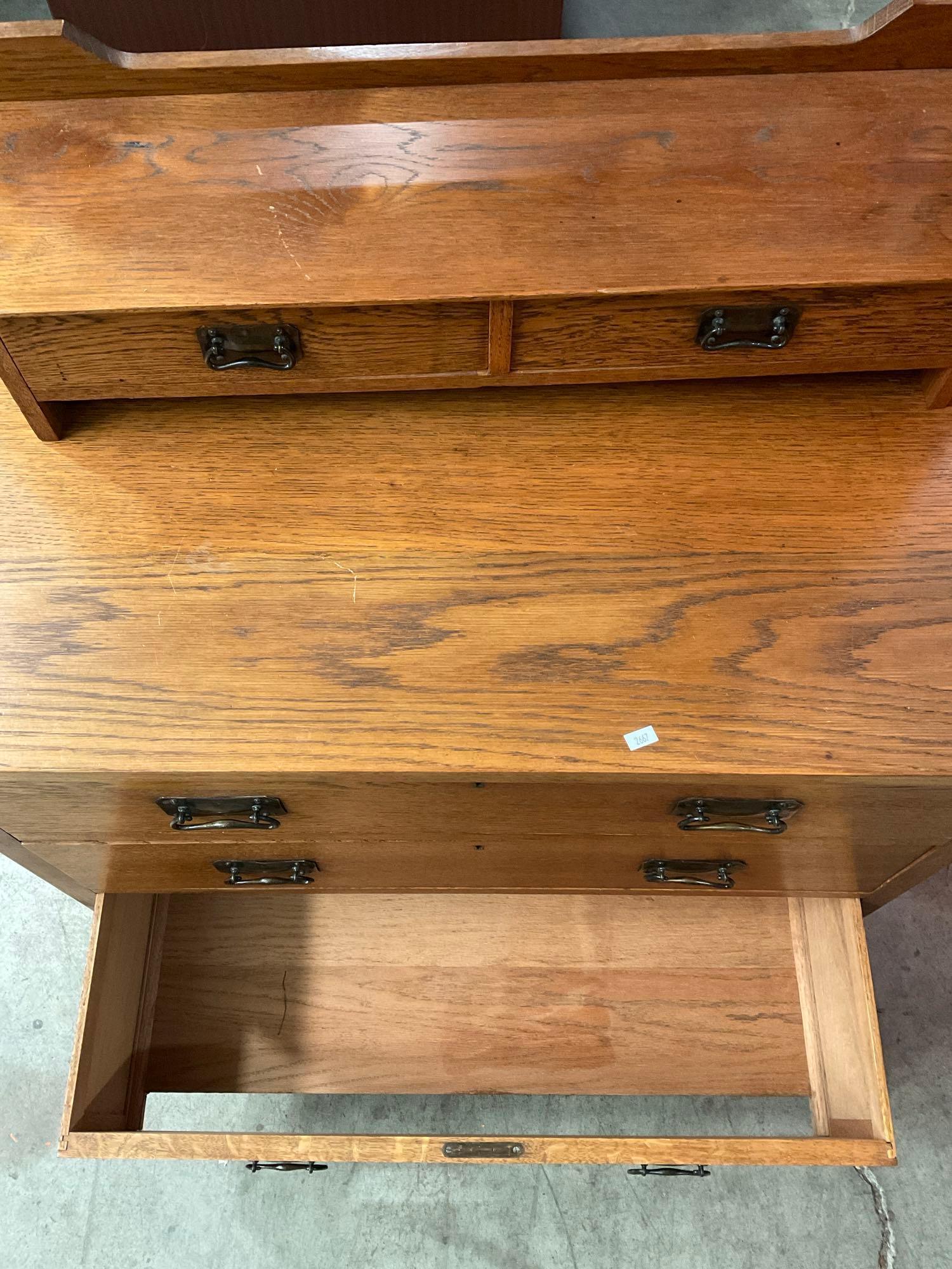 Antique Wooden Vanity w/ Revolving Mirror, 5 Drawers & Unique Sailing Ship Cut Outs. See pics.