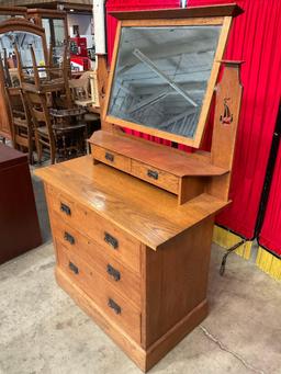 Antique Wooden Vanity w/ Revolving Mirror, 5 Drawers & Unique Sailing Ship Cut Outs. See pics.