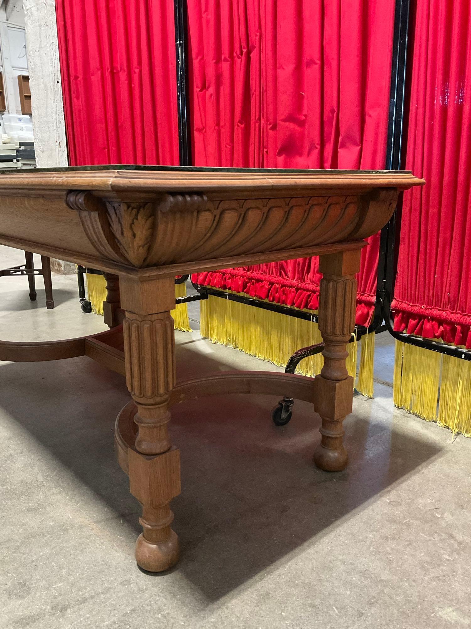 Vintage Tiger Oak Coffee Table w/ glass top, Pedestal Base & Ornate Carved Details. See pics.