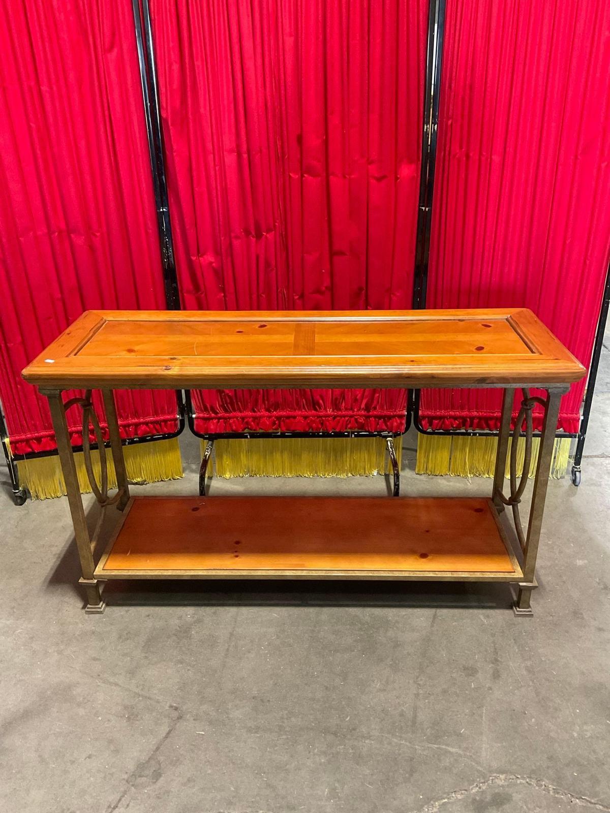 Vintage 2-Tier Wooden Side Hall Table w/ Brushed Metal Legs & Chevron Pattern on Top. See pics.