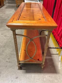 Vintage 2-Tier Wooden Side Hall Table w/ Brushed Metal Legs & Chevron Pattern on Top. See pics.