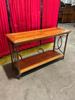 Vintage 2-Tier Wooden Side Hall Table w/ Brushed Metal Legs & Chevron Pattern on Top. See pics.