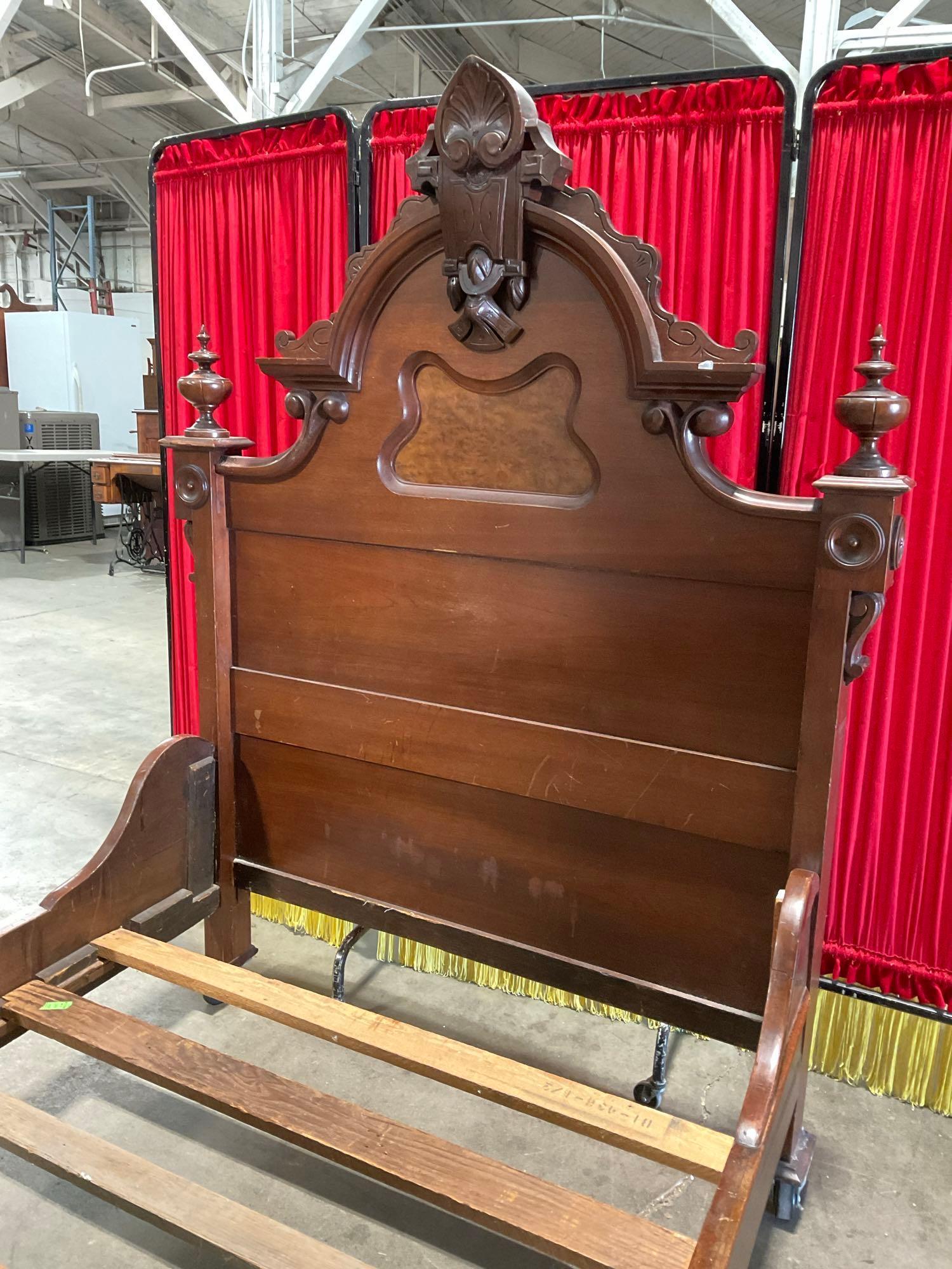 Antique Wheeled Wooden Twin Bed Frame w/ Intricately Carved Headboard w/ Burl Inlay. See pics.