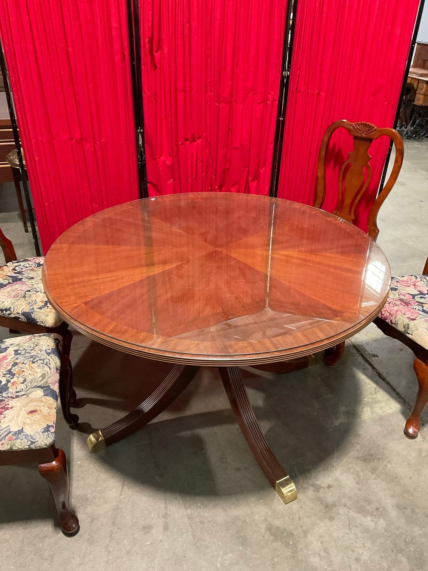 Vintage Round Glass Topped Wooden Dining Table & 4 Lyre Back Buffet Chairs w/ Floral Seats. See
