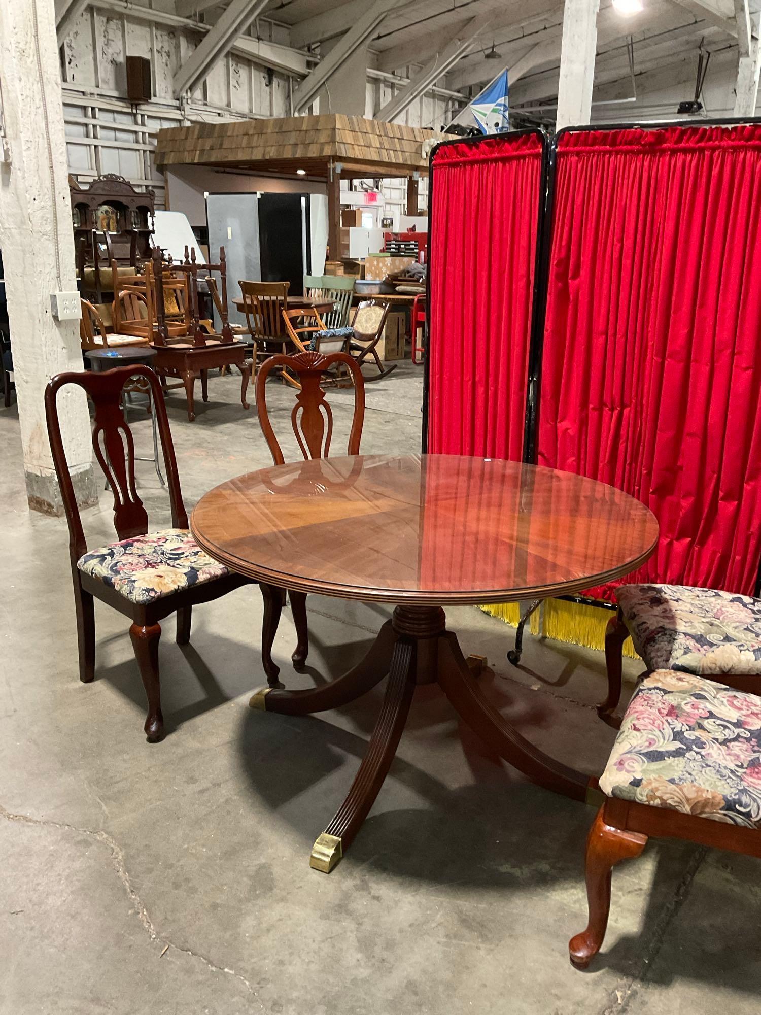 Vintage Round Glass Topped Wooden Dining Table & 4 Lyre Back Buffet Chairs w/ Floral Seats. See