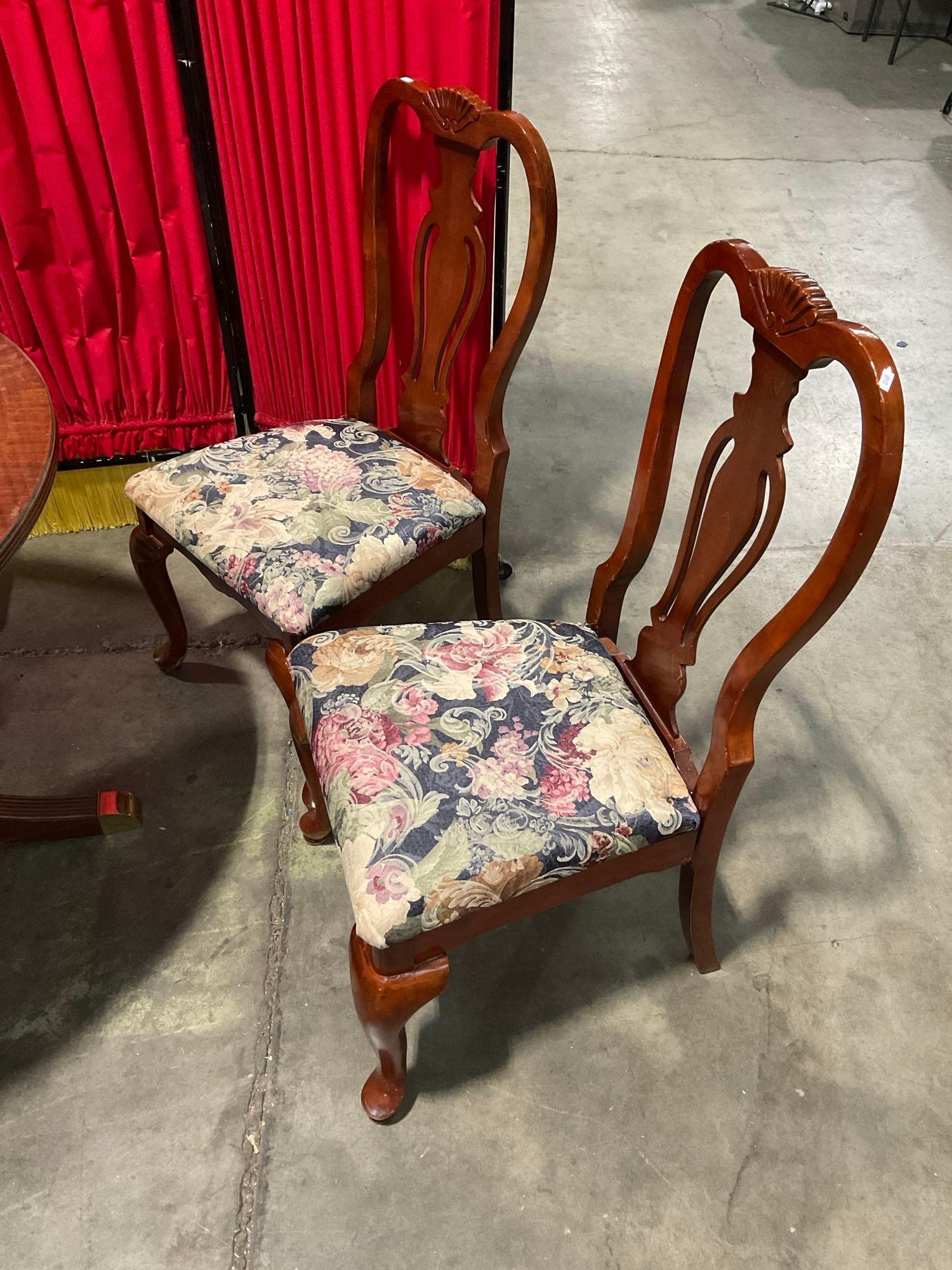 Vintage Round Glass Topped Wooden Dining Table & 4 Lyre Back Buffet Chairs w/ Floral Seats. See