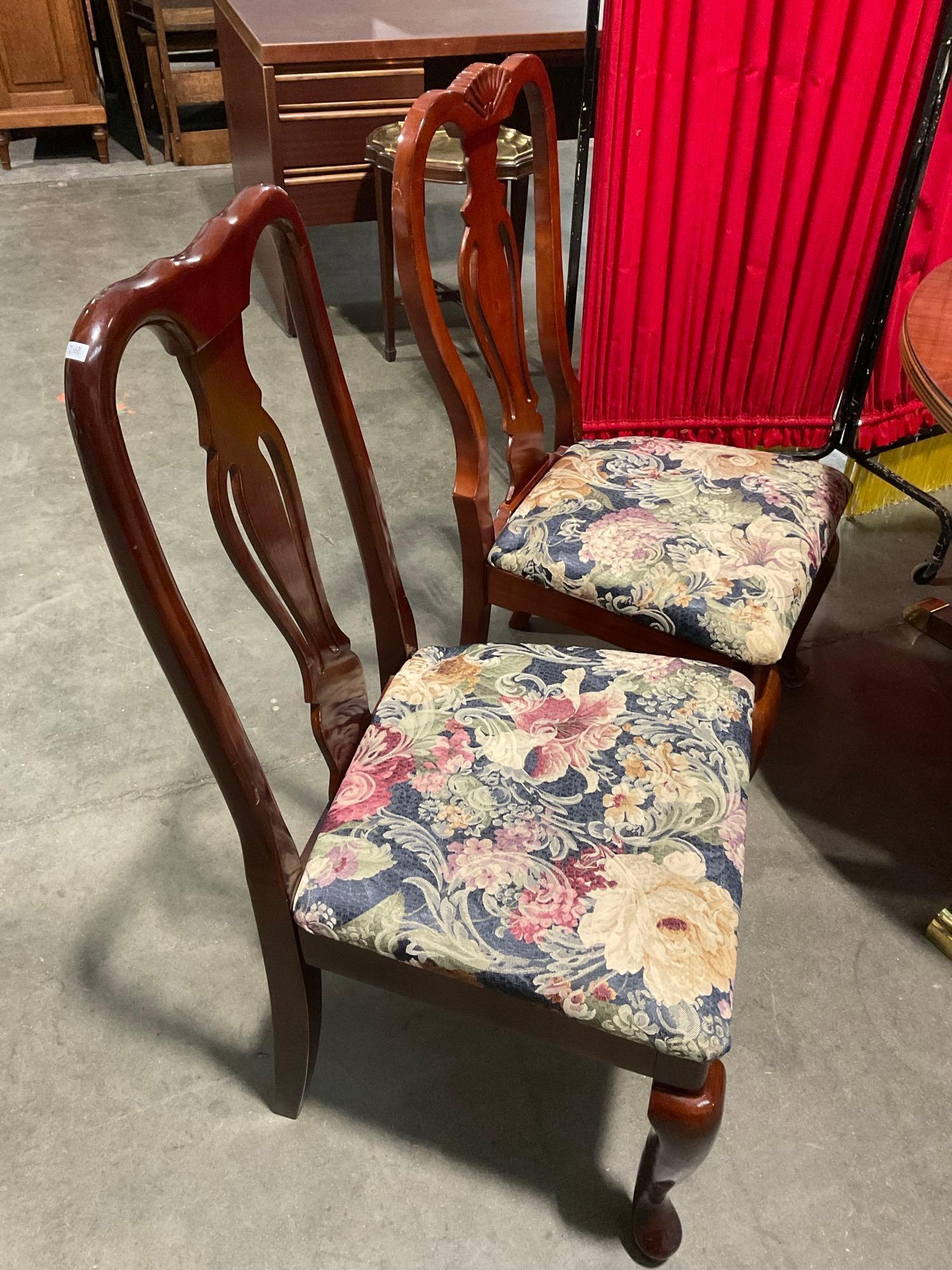 Vintage Round Glass Topped Wooden Dining Table & 4 Lyre Back Buffet Chairs w/ Floral Seats. See