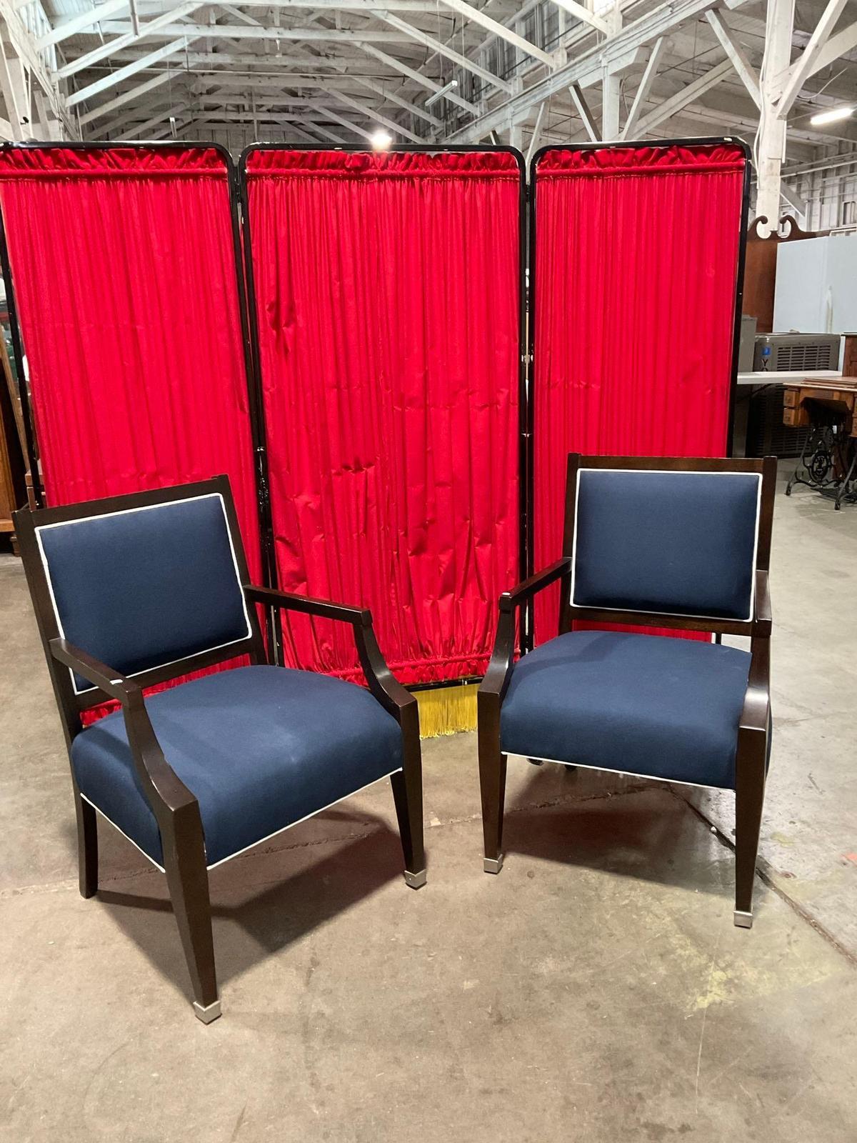 Pair of Nautica Home Wooden Armchairs w/ Navy Blue & White Upholstery & Silver Capped Feet. See