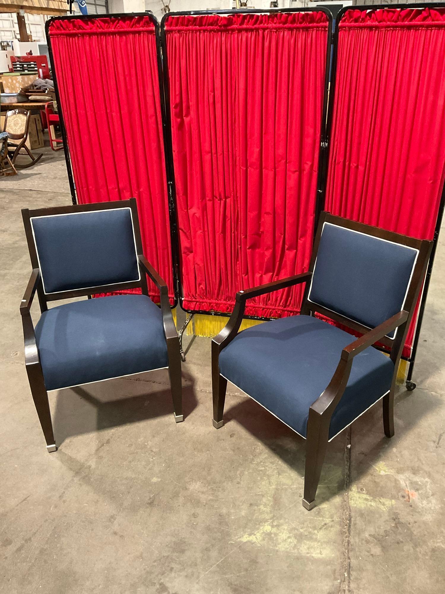 Pair of Nautica Home Wooden Armchairs w/ Navy Blue & White Upholstery & Silver Capped Feet. See