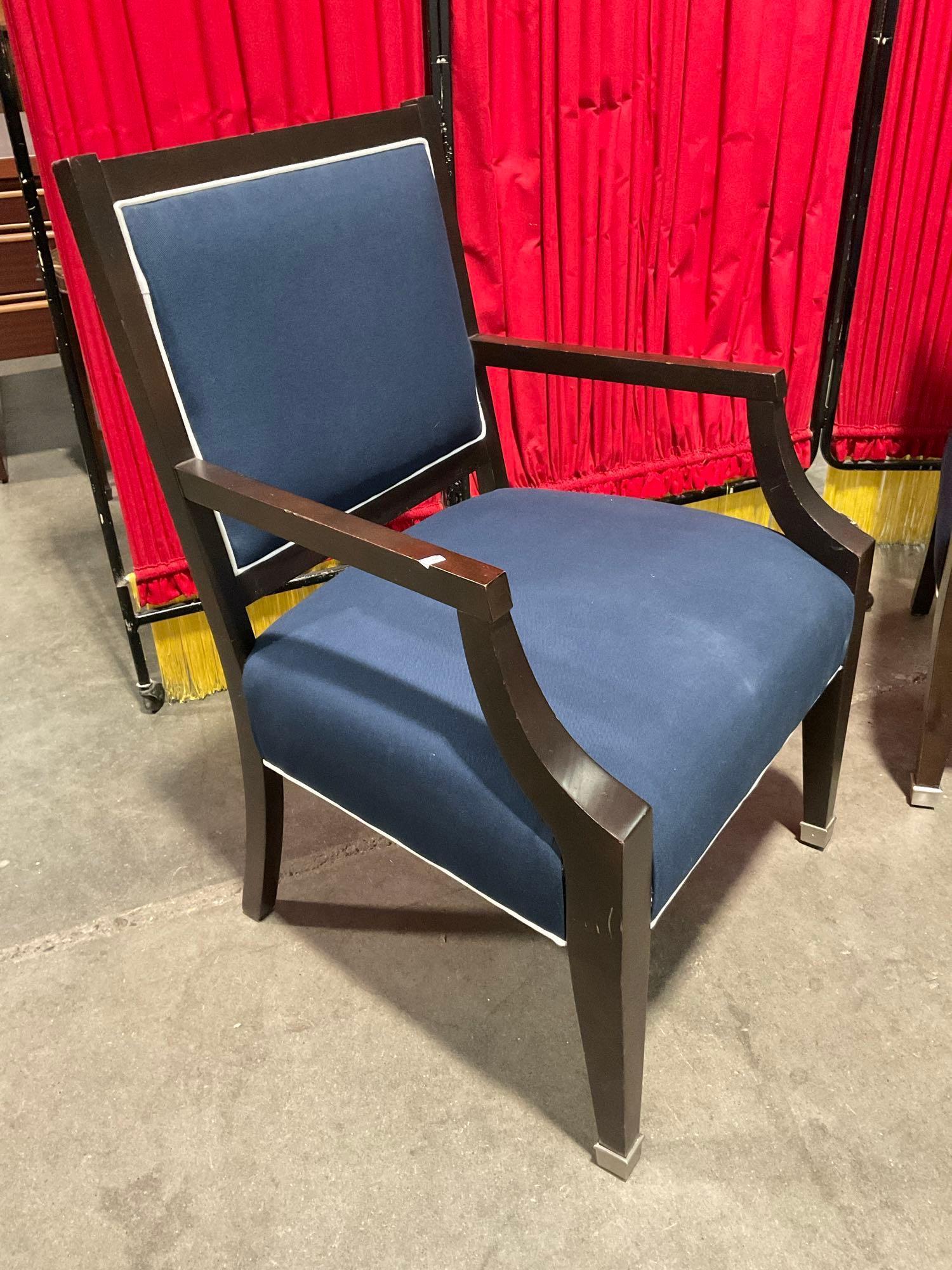 Pair of Nautica Home Wooden Armchairs w/ Navy Blue & White Upholstery & Silver Capped Feet. See