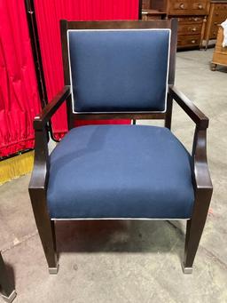 Pair of Nautica Home Wooden Armchairs w/ Navy Blue & White Upholstery & Silver Capped Feet. See