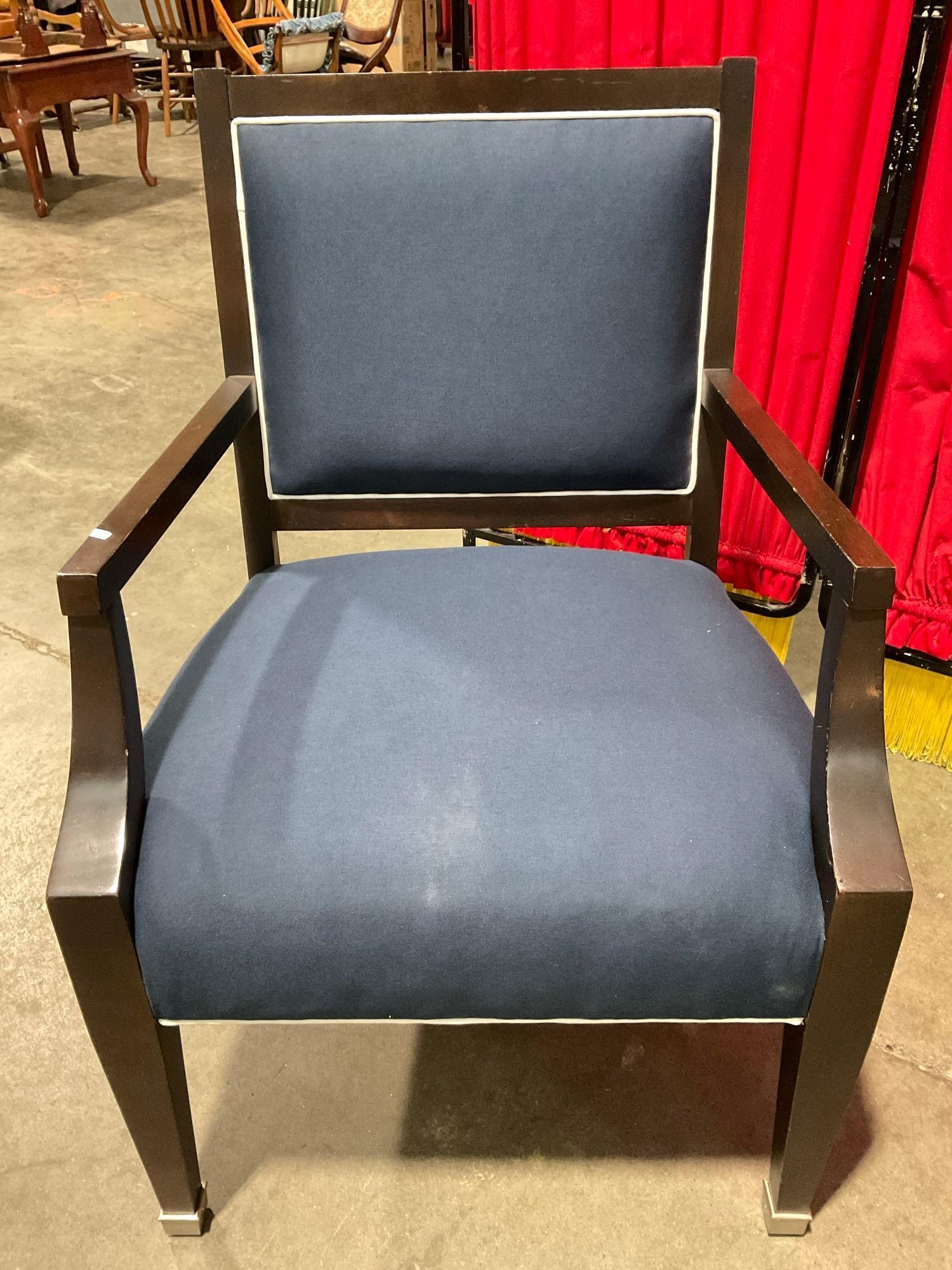 Pair of Nautica Home Wooden Armchairs w/ Navy Blue & White Upholstery & Silver Capped Feet. See