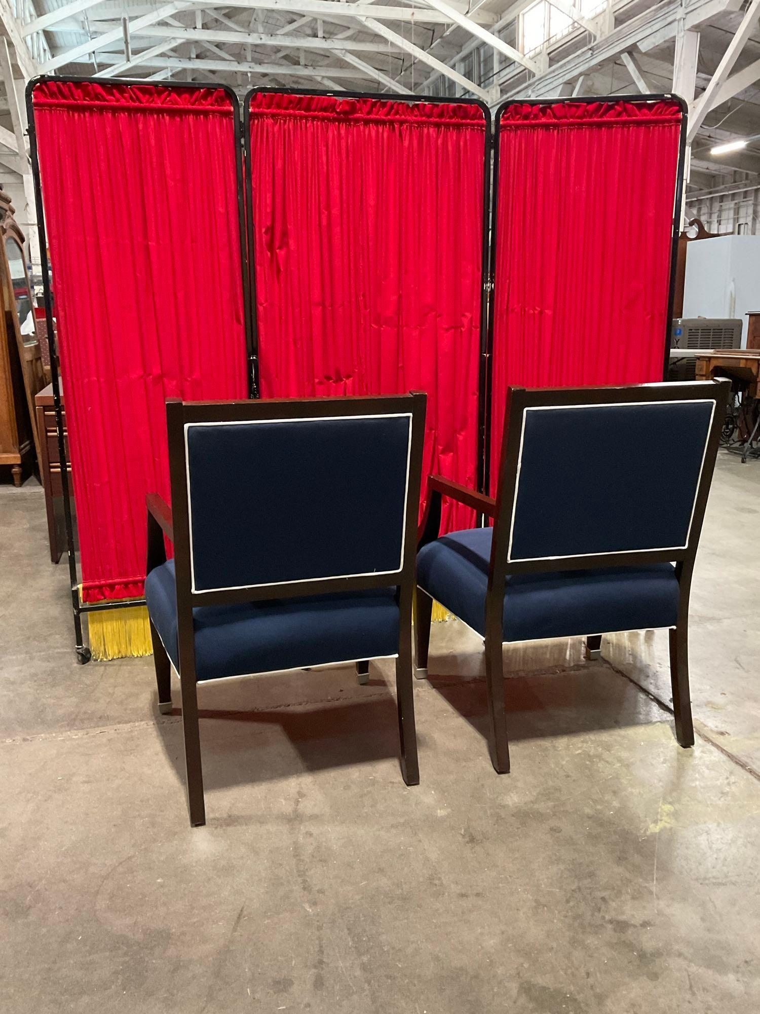 Pair of Nautica Home Wooden Armchairs w/ Navy Blue & White Upholstery & Silver Capped Feet. See