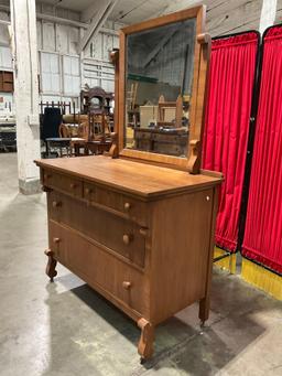 Antique Wooden Wheeled Vanity w/ Revolving Mirror, 4 Drawers & Beautiful Grain. See pics.