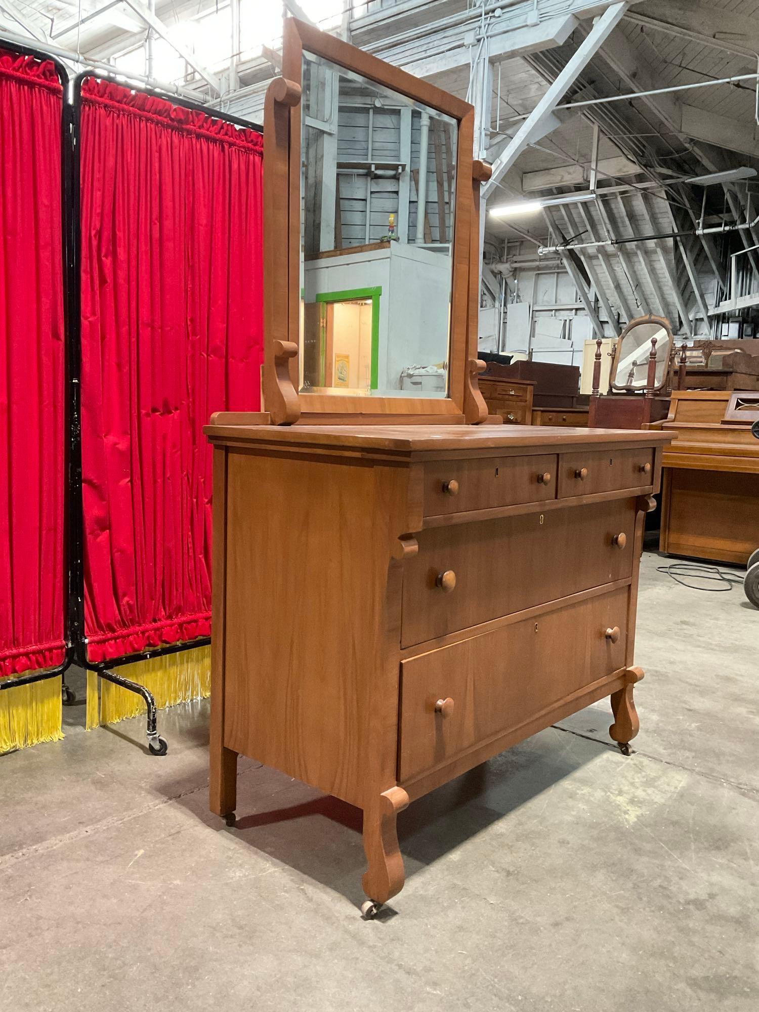 Antique Wooden Wheeled Vanity w/ Revolving Mirror, 4 Drawers & Beautiful Grain. See pics.