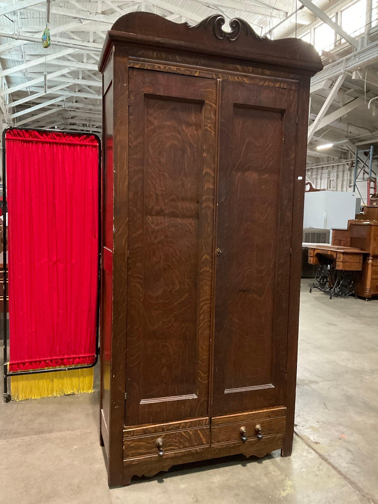 Antique Tacoma Furniture & Outfitting Co. Stained Tiger Oak Armoire w/ 5 Shelves & 2 Drawers. See