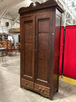 Antique Tacoma Furniture & Outfitting Co. Stained Tiger Oak Armoire w/ 5 Shelves & 2 Drawers. See
