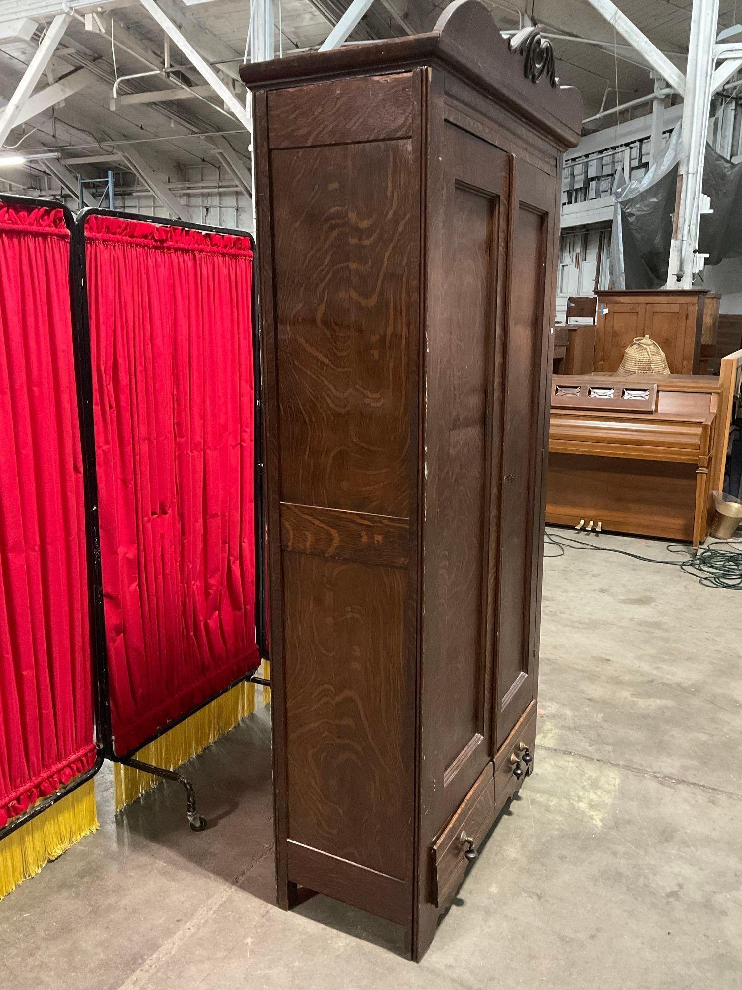 Antique Tacoma Furniture & Outfitting Co. Stained Tiger Oak Armoire w/ 5 Shelves & 2 Drawers. See